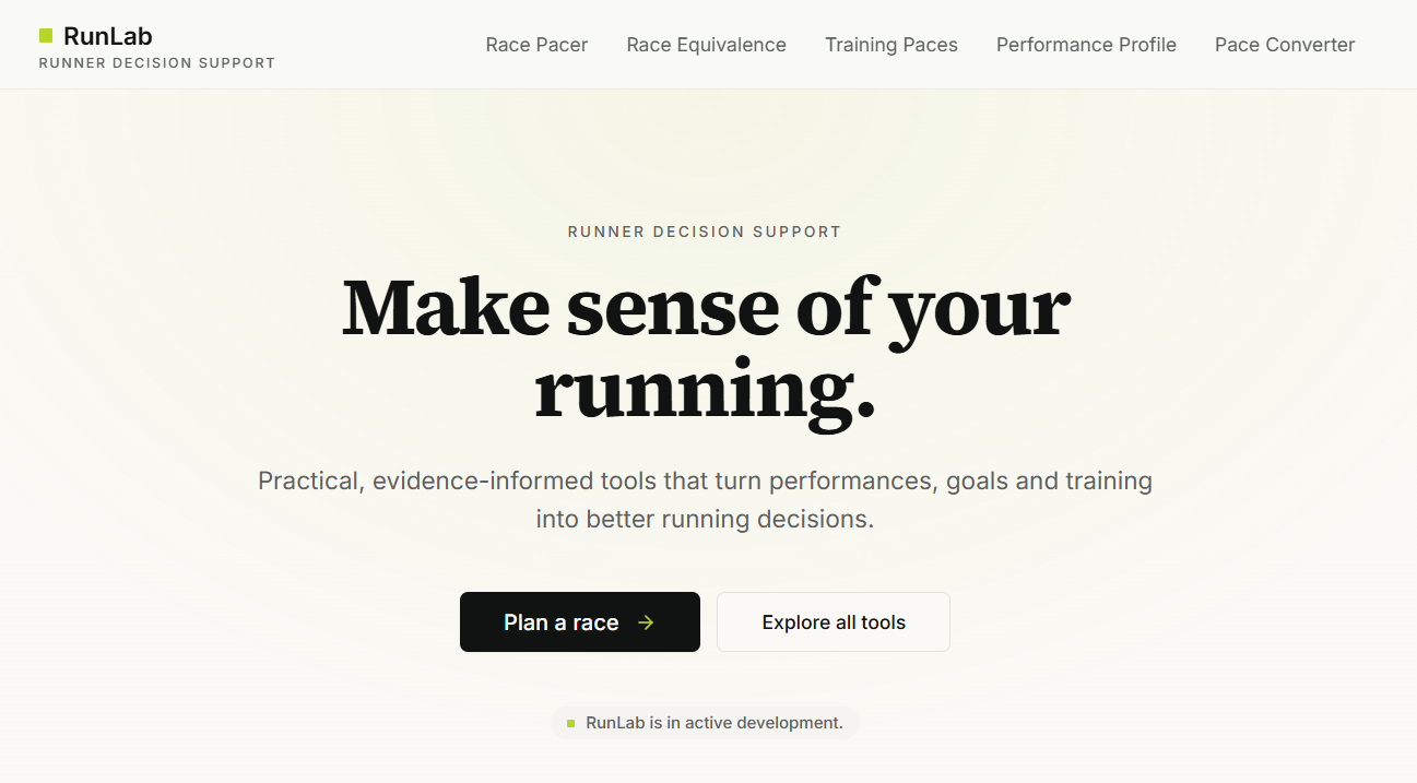 RunLab homepage introducing running analytics and decision-support tools.
